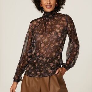 MISA Los Angeles Lulu Floral Top XS blouse long sleeve sheer tie bow black mock